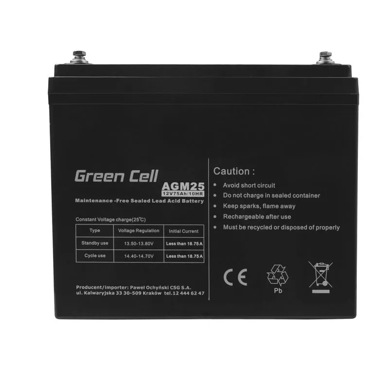 Bezúdržbová baterie Green Cell AGM25 12V 75Ah VRLA (zánovní)